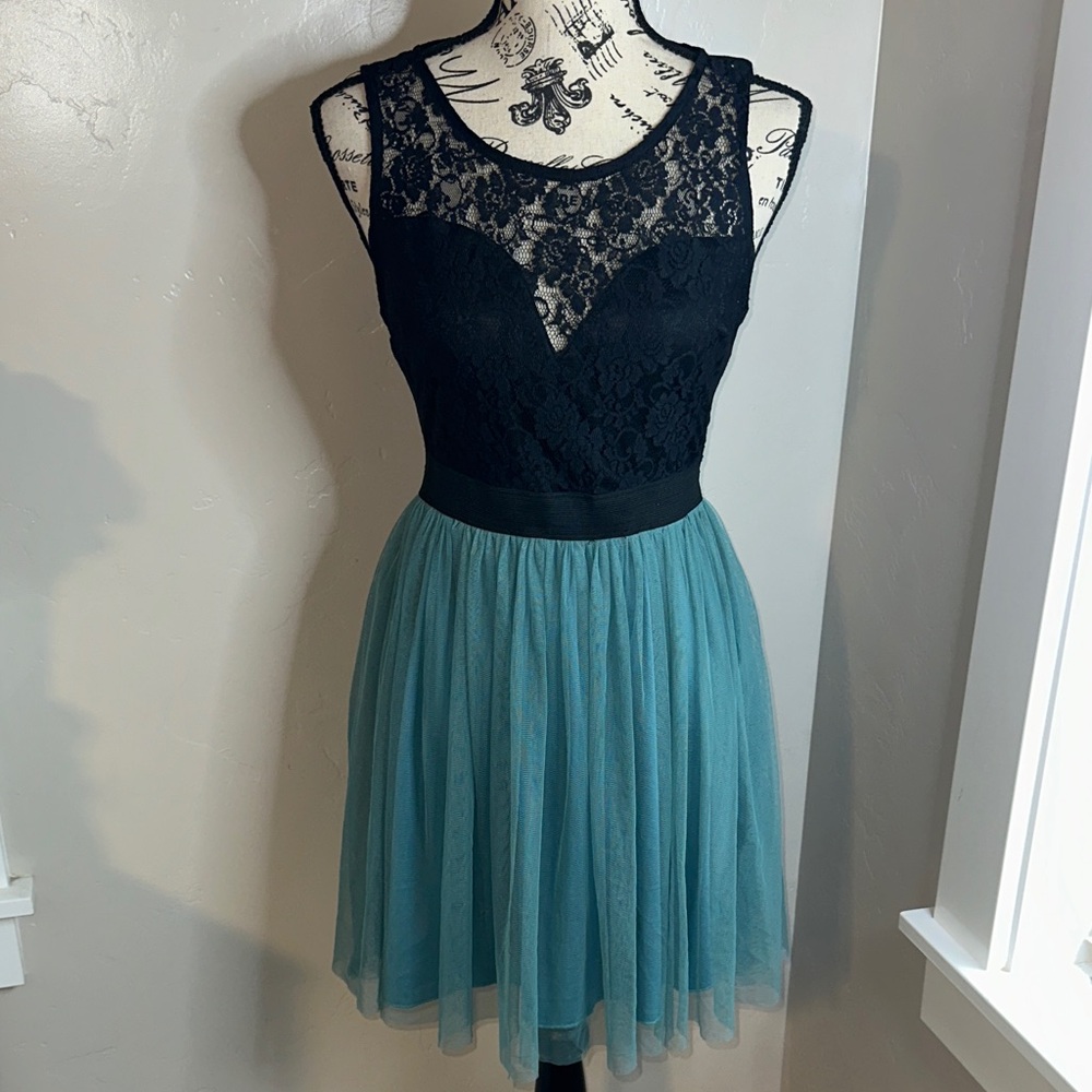 Wet Seal Vintage Black Lace and Teal Mini Dress